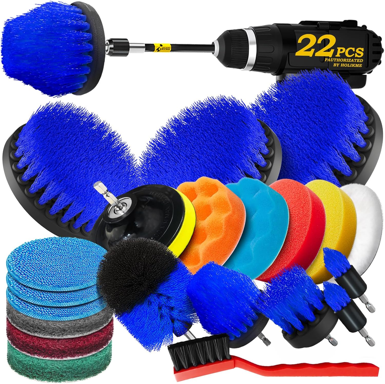 Holikme 22Pack Drill Brush Attachments Set,Scrub Pads & Sponge, Buffing Pads,Power Scrubber Brush,Car Polishing Pad Kit,Wax Applicator Pad,Car Cleaning Kit,Masonry Brushes,Cleaning Supplies