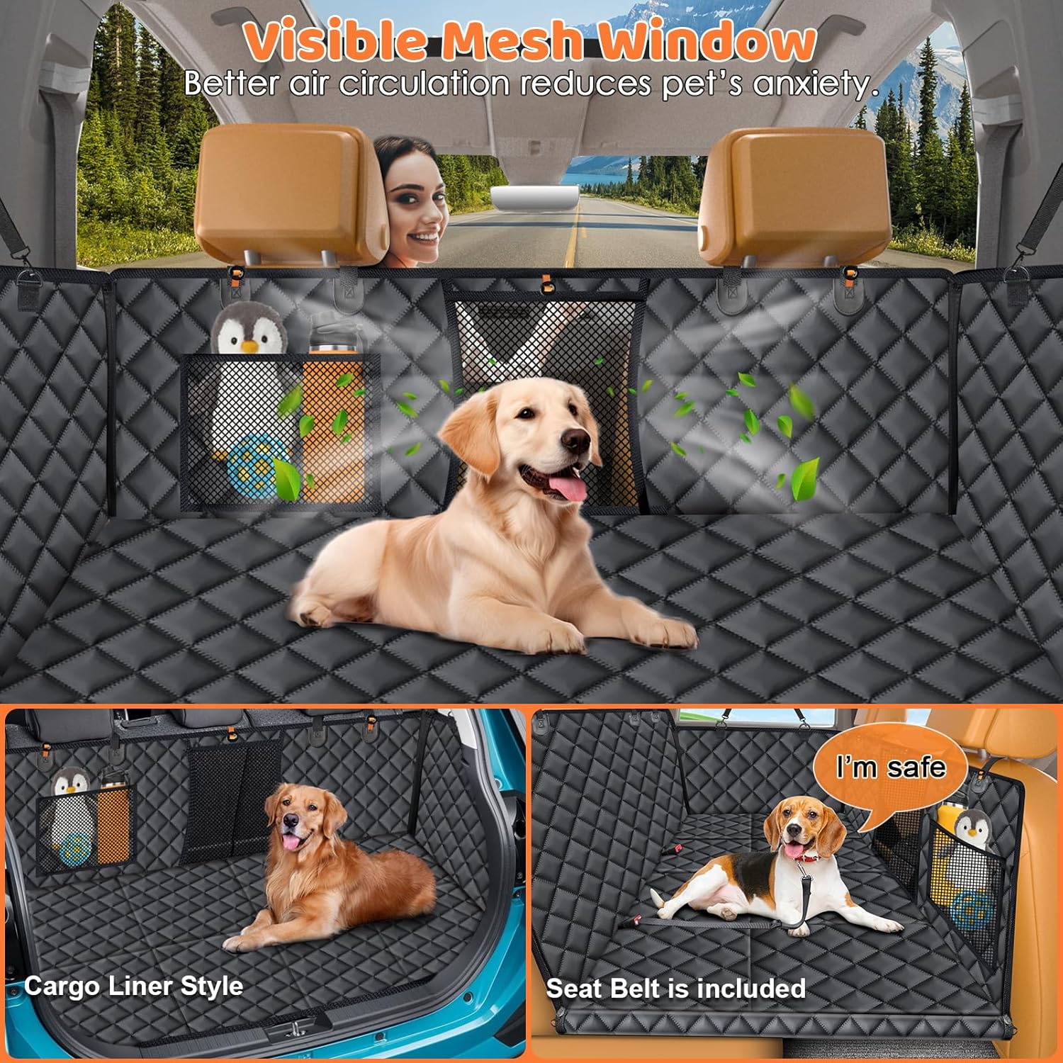 URPOWER Backseat Extender for Dogs - Hard Bottom Dog Car Seat Cover for Back Seat, Foldable Dog Hammock for Car, SUV, and Truck, Pet Rear Seat Protector Dogs Travel Bed with Mesh Window & Side Flaps