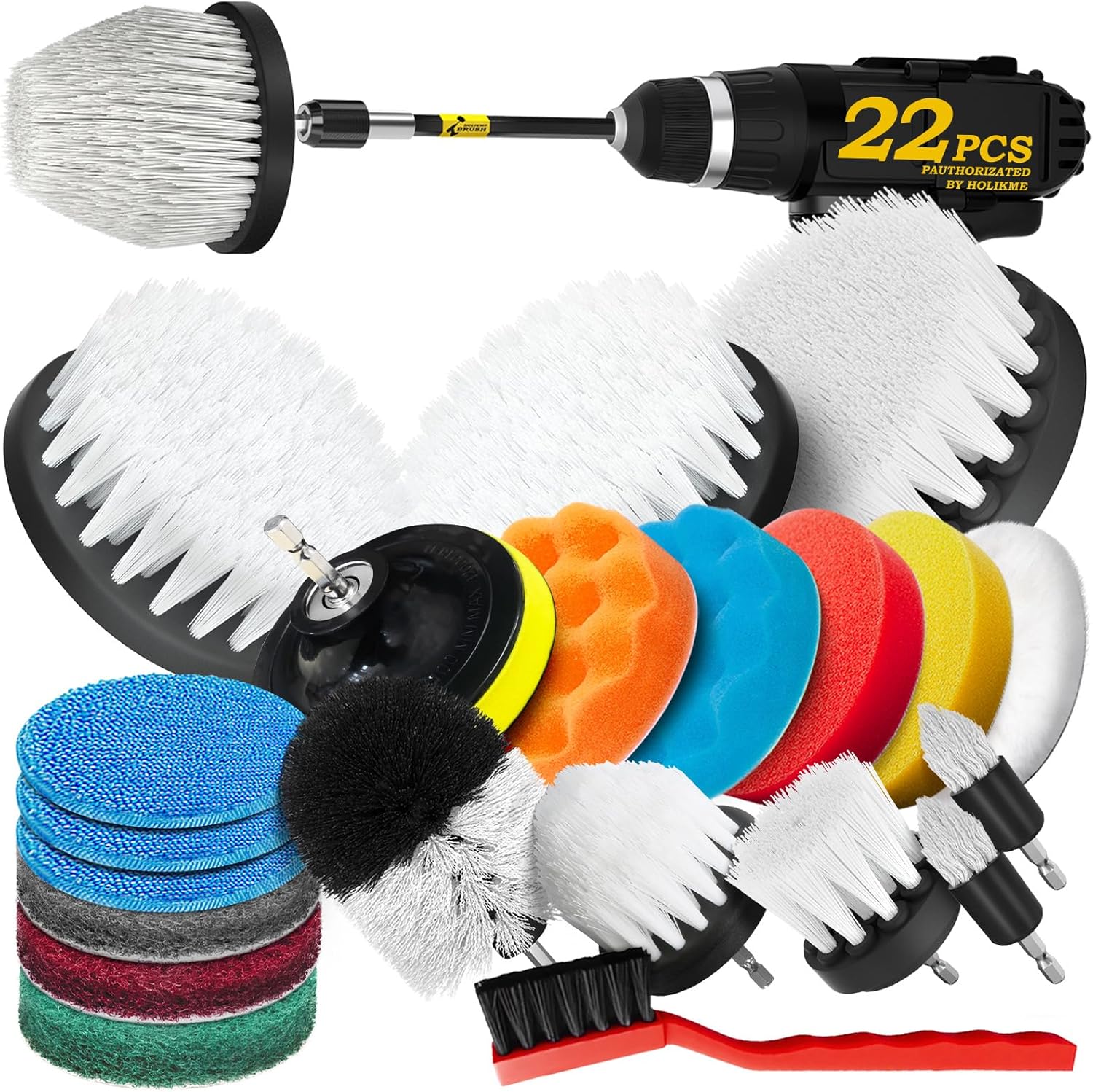 Holikme 22Pack Drill Brush Attachments Set,Scrub Pads & Sponge, Buffing Pads,Power Scrubber Brush,Car Polishing Pad Kit,Wax Applicator Pad,Car Cleaning Kit,Masonry Brushes,Cleaning Supplies