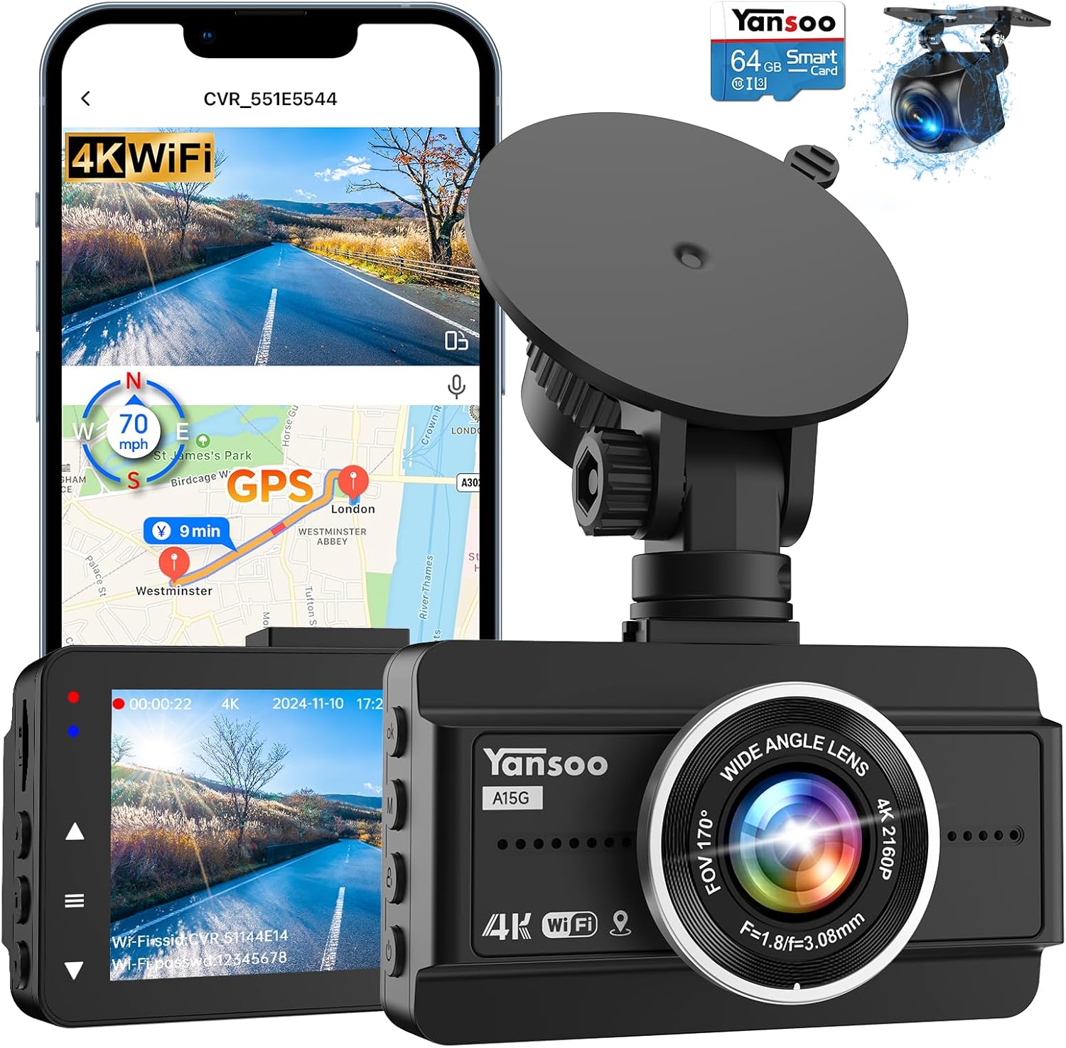 Dash Cam Front and Rear, 4K Full HD Dual Dash Camera for Cars, Free 64GB Card Included, Built-in 5G WiFi & GPS, Car Camera Dashcams for Cars with Night Vision, Parking Monitor, WDR, Emergency Lock