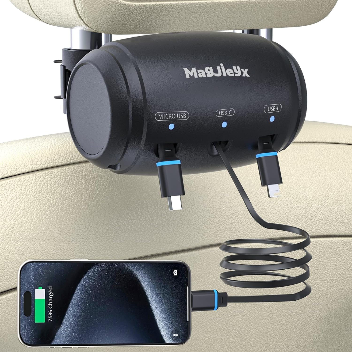 Multi Retractable Car Charging Station Box, 3 in 1 Headrest Fast Power Charging Dock Cord USB Type C Fits iPhone 16/15/14/iPad/Android/Samsung|Uber Lyft Backseat Passengers Share Rid