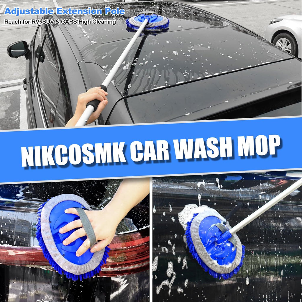 NIKCOSMK 62'' Car Wash Brush with Long Handle, Car Wash Kit with Tire Brush, Tower, Window Squeegee, Chenille Microfiber Car Wash Mop Mitt, Car Cleaning Brush Kit Supplies for Car, Truck, SUV, RV