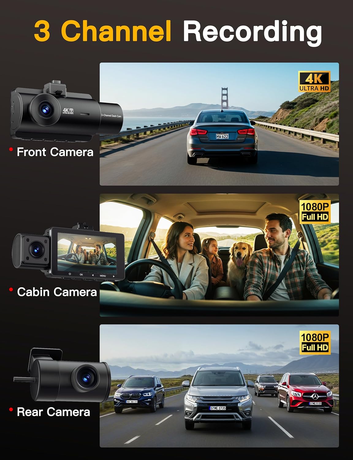 QCONTROL® 4K 5G WiFi 3 Channel Dash Cam Front and Rear Inside, 4K+1080P+1080P Dash Camera for Cars, GPS Dashcam, Car Camera with 3-Inch Screen, IR Night Vision, 24Hr Parking Mode, G-Sensor, 64GB Card