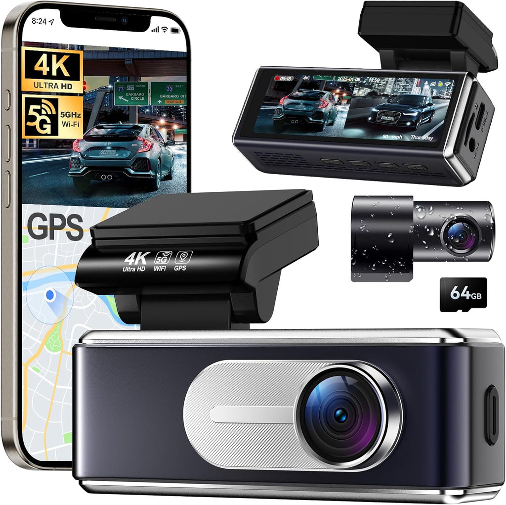 Dash Cam Front and Rear - 4K HD Dual Dash Camera for Cars, Built-in 5G WiFi GPS, 64GB Card, Dashcam with 3.2" IPS Screen, UHD Night Vision, HDR, App Control, 24H Parking Monitor