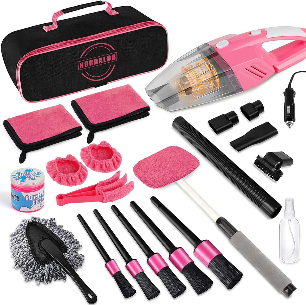 Pink Car Interior Detailing Kit, 16Pcs Car Cleaning Kit with High Power Handheld Vacuum, Detailing Brush Set, Cleaning Gel, Windshield Cleaning Tool, Complete Car Cleaning Supplies for Women
