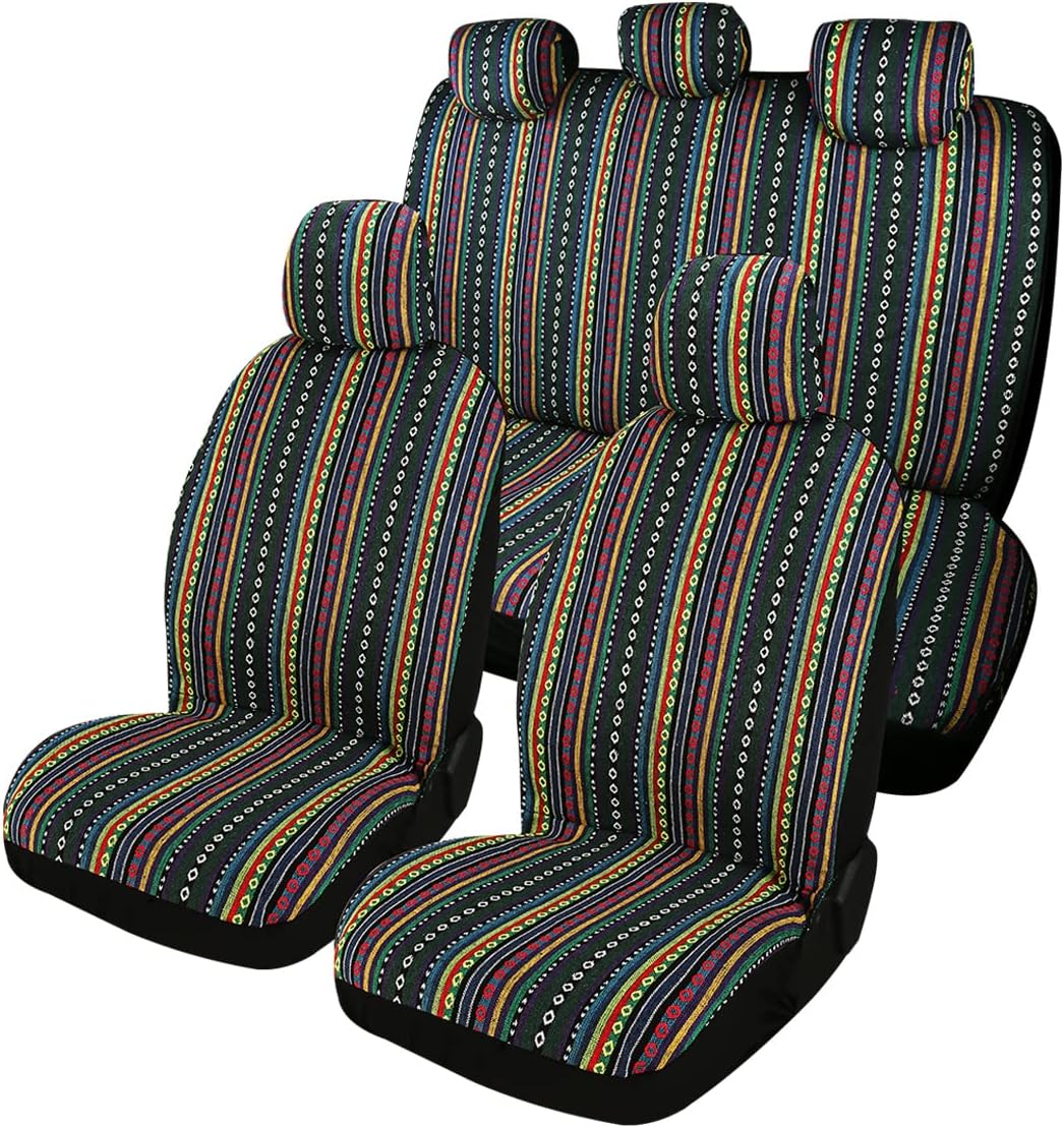 PONYJOYUP Baja Saddle Blanket Car Seat Covers 9PCS Full Set, Breathable and Washable Striped Woven Automotive Vehicle Seat Cover, Universal Seat Cover for Sedan, SUV, Truck, Airbag Compatible