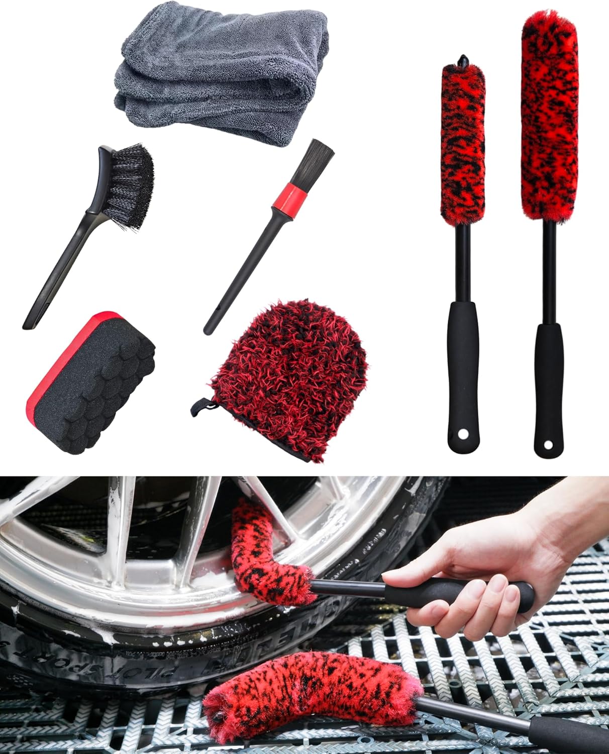 Professional 4 Pack Long Handle Wheel Brush Kit for Cleaning Wheel and Tire- 2X Soft Wheel Cleaning Brush, Detailing Brush and Stiff Tire Brush, Bendable& Durable Wheel Rim Cleaner Brush Set