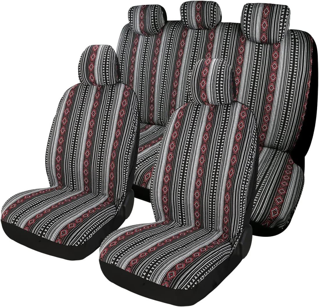 PONYJOYUP Baja Saddle Blanket Car Seat Covers 9PCS Full Set, Breathable and Washable Striped Woven Automotive Vehicle Seat Cover, Universal Seat Cover for Sedan, SUV, Truck, Airbag Compatible