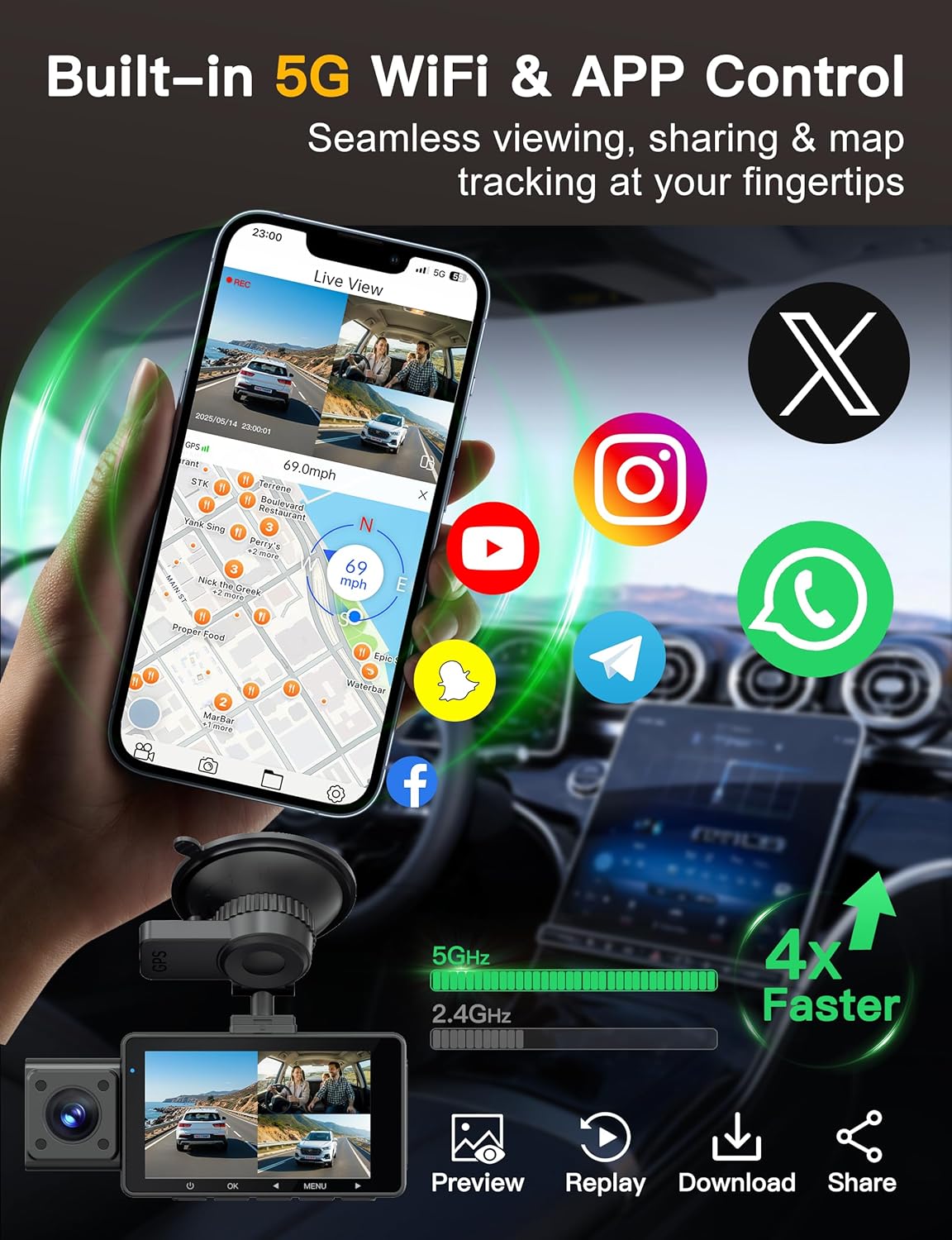 QCONTROL® 4K 5G WiFi 3 Channel Dash Cam Front and Rear Inside, 4K+1080P+1080P Dash Camera for Cars, GPS Dashcam, Car Camera with 3-Inch Screen, IR Night Vision, 24Hr Parking Mode, G-Sensor, 64GB Card