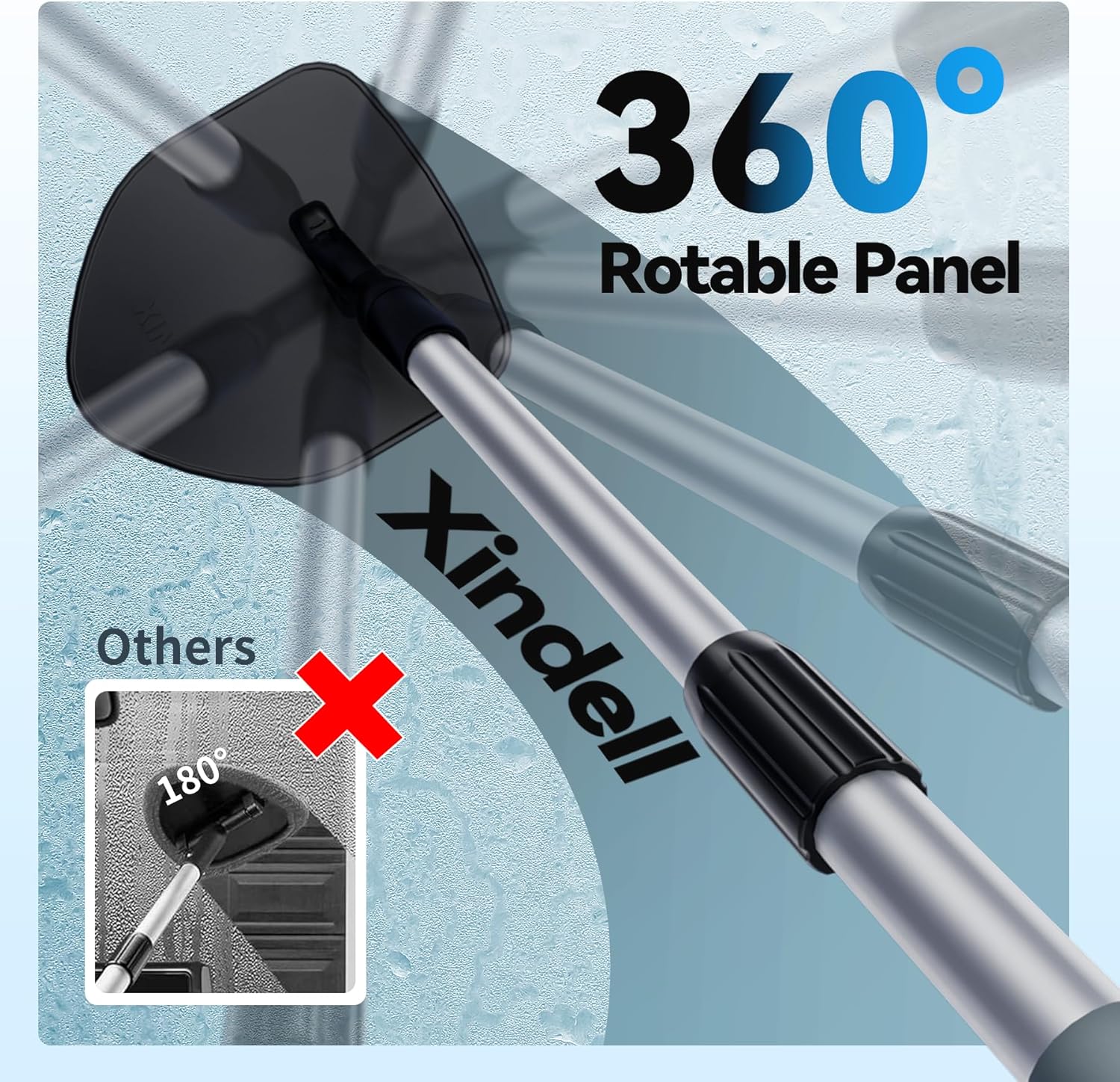 XINDELL Windshield Cleaner Tool – 360° Rotating Head with Extendable Handle, Velcro Microfiber Pads for Fast Stick & Peel, Dry/Wet Glass Cleaning for Cars, SUVs, Trucks & Home