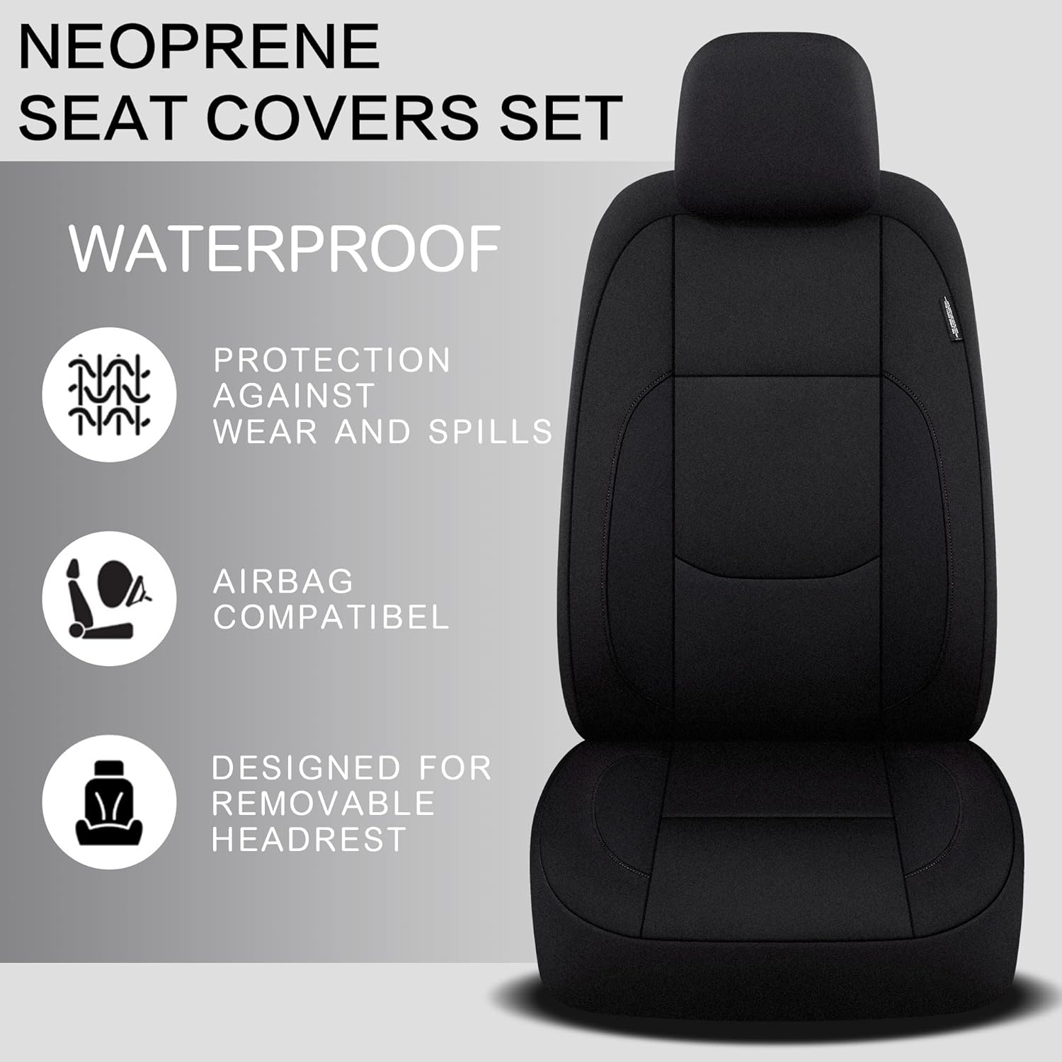 Pariitadin Waterproof Car Seat Covers 2 Front Seats, Neoprene Seat Covers for Cars, Universal Fit Interior Covers for Most Cars Sedan Van Truck SUV(Black)