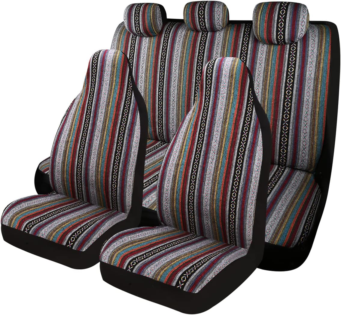 PONYJOYUP Baja Saddle Blanket Car Seat Covers 9PCS Full Set, Breathable and Washable Striped Woven Automotive Vehicle Seat Cover, Universal Seat Cover for Sedan, SUV, Truck, Airbag Compatible
