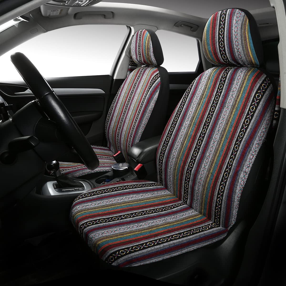 PONYJOYUP Baja Saddle Blanket Car Seat Covers 9PCS Full Set, Breathable and Washable Striped Woven Automotive Vehicle Seat Cover, Universal Seat Cover for Sedan, SUV, Truck, Airbag Compatible