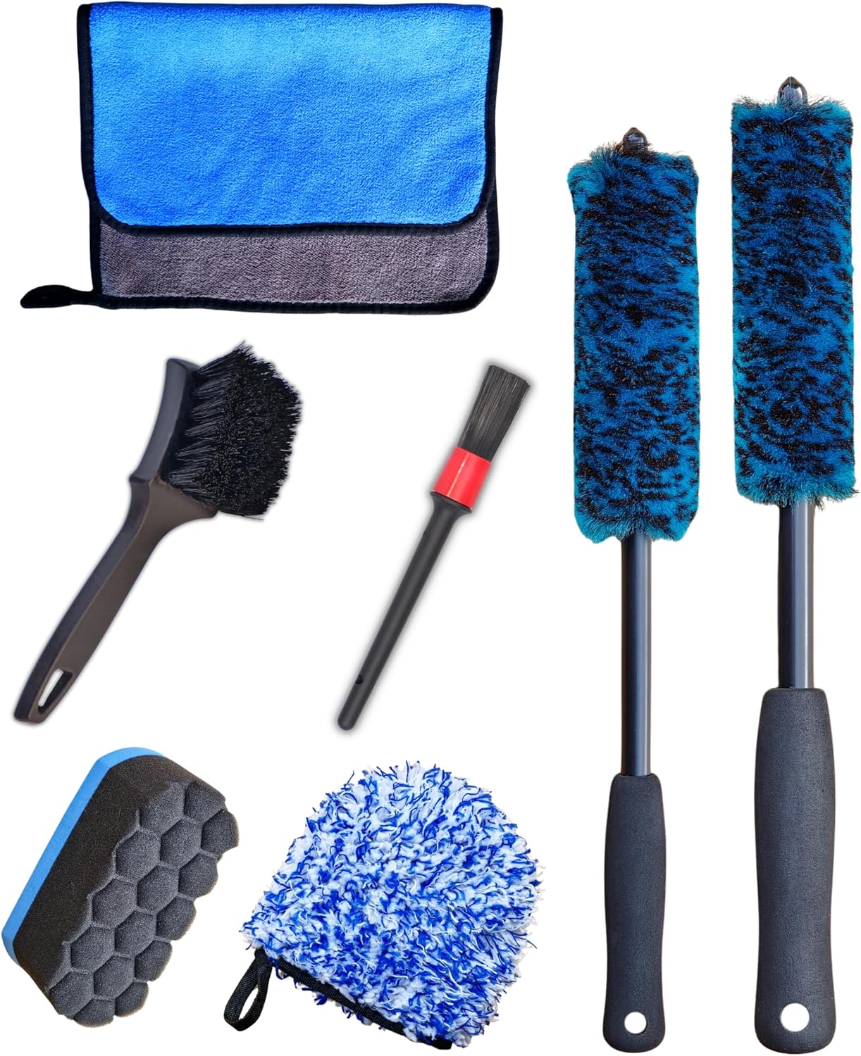 Professional 4 Pack Long Handle Wheel Brush Kit for Cleaning Wheel and Tire- 2X Soft Wheel Cleaning Brush, Detailing Brush and Stiff Tire Brush, Bendable& Durable Wheel Rim Cleaner Brush Set