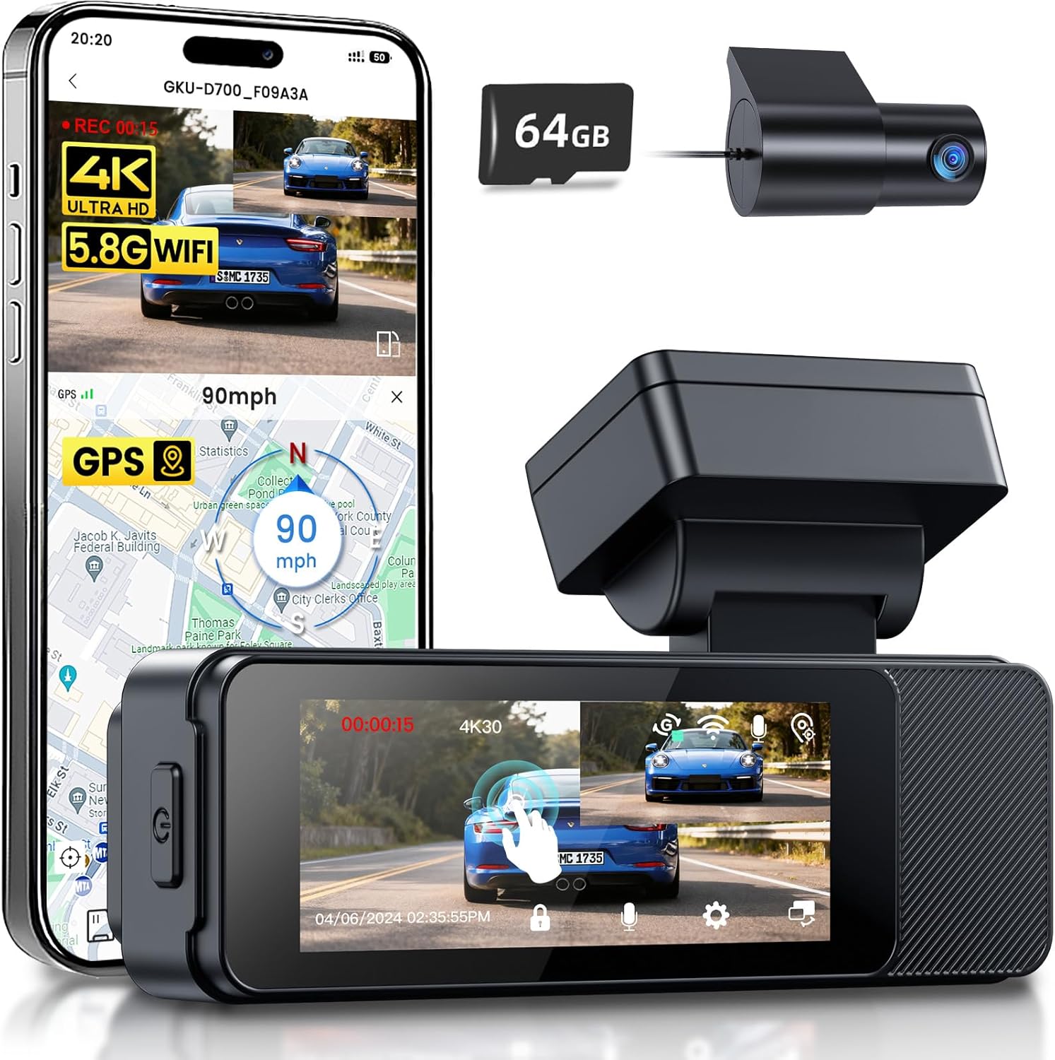 GKU Dash Cam Front and Rear, 3.18'' Touchscreen, 4K+1080P Dashcam, Built-in GPS, 5.8GHz WiFi Dash Camera for Cars with 24H Parking Monitor, Night Vision, WDR, Supports 512GB Max