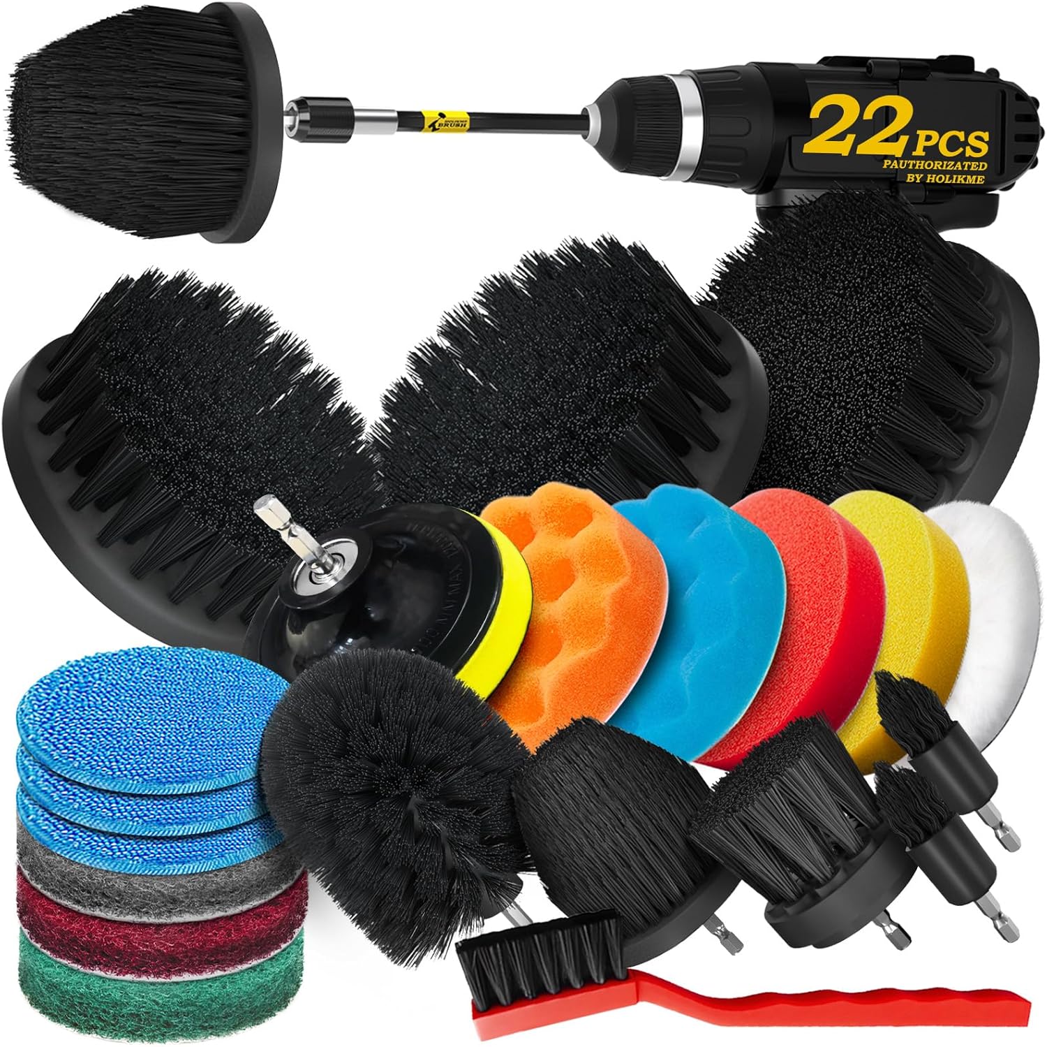 Holikme 22Pack Drill Brush Attachments Set,Scrub Pads & Sponge, Buffing Pads,Power Scrubber Brush,Car Polishing Pad Kit,Wax Applicator Pad,Car Cleaning Kit,Masonry Brushes,Cleaning Supplies