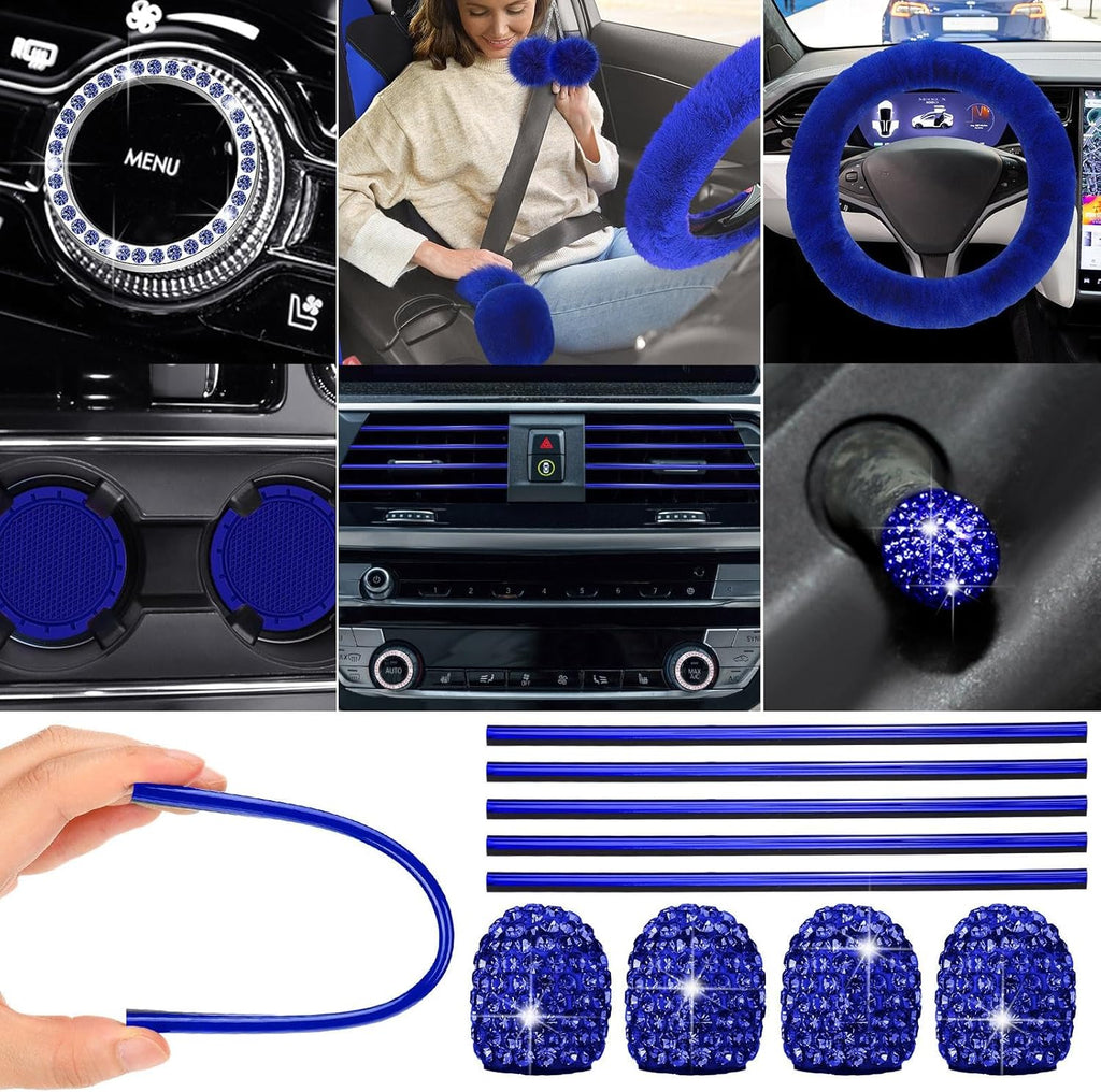 Woanger 47 Car Seat Cover Full Set for Women Included Car Front Rear Seat Fluffy Steering Wheel Cover Belt Automotive Floor Mats Air Conditioner Decoration Strip Universal(Blue)