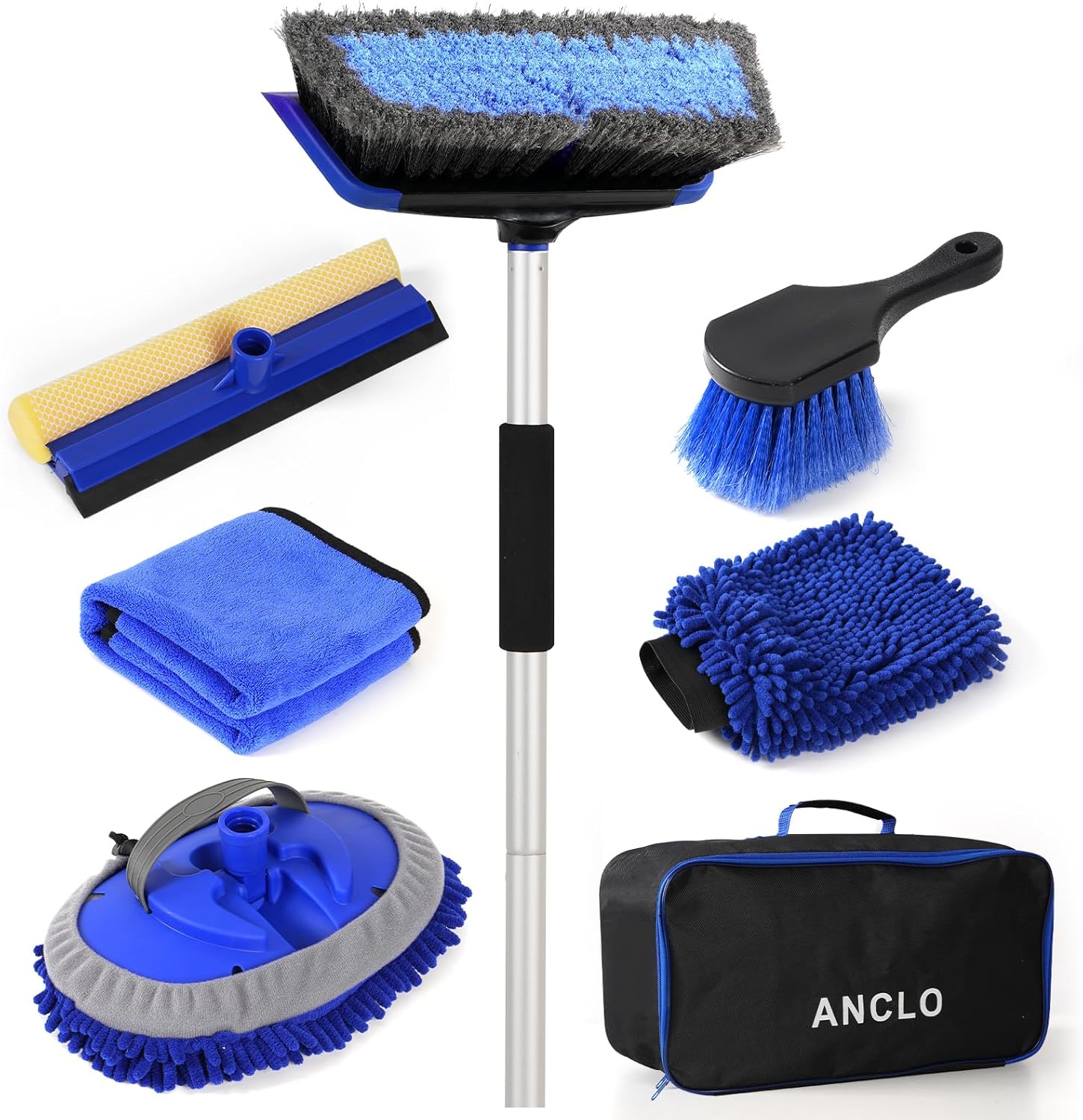 62'' Car Wash Brush with Long Handle, Scratch-Free Car Wash Mop Kit with Wheel Tire Brush, Wash Mitt Towel, Windshield Squeegee, Car Cleaning Brush Kit for Cars RV Truck Boat