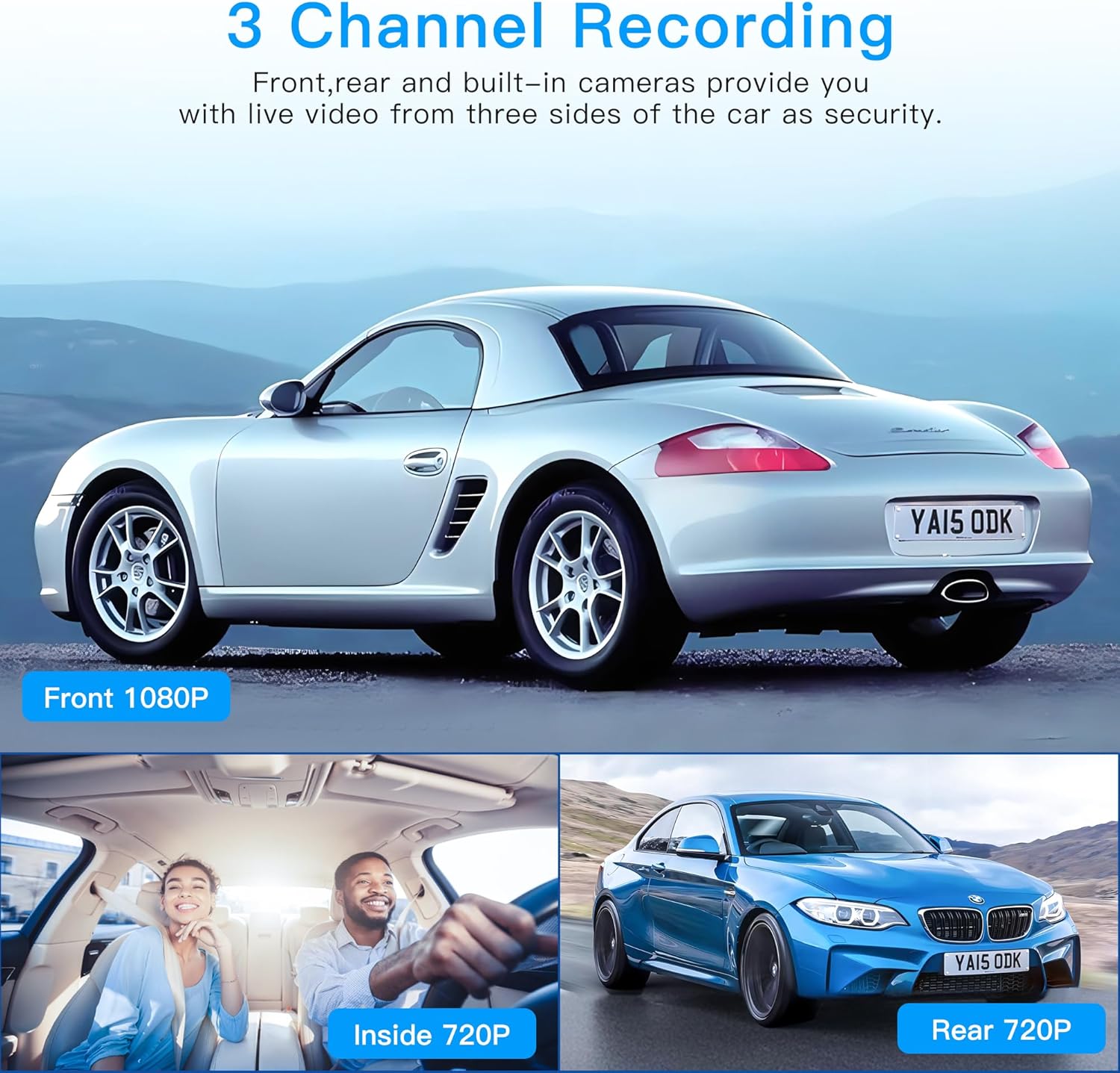 3 Channel Dash Cam WiFi FHD 1080P Car Camera 64GB TF Card,TOPGOOSE Front Dash Camera Front and Rear Inside for Cars,Mini Dashcams with Night Vision,Loop Recording,WDR,G-Sensor,App