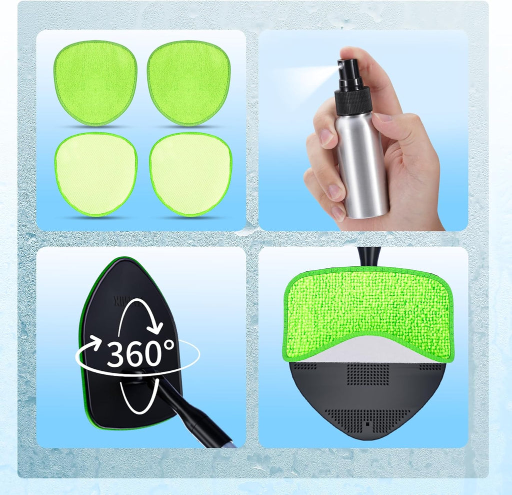 XINDELL Windshield Cleaner Tool – 360° Rotating Head with Extendable Handle, Velcro Microfiber Pads for Fast Stick & Peel, Dry/Wet Glass Cleaning for Cars, SUVs, Trucks & Home
