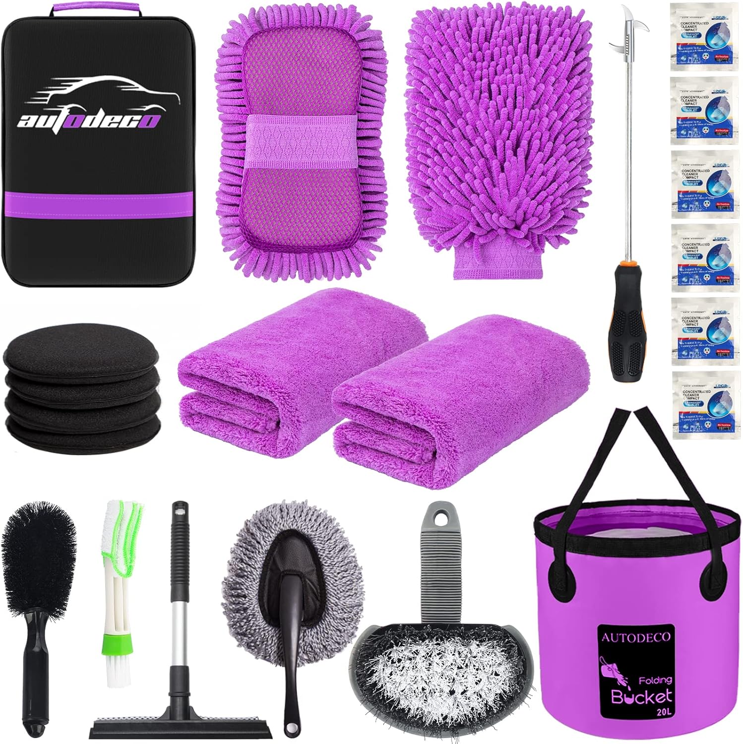AUTODECO 22Pcs Car Wash Cleaning Tools Kit Car Detailing Set with Blue Canvas Bag Collapsible Bucket Wash Mitt Sponge Towels Tire Brush Window Scraper Duster Complete Interior Car Care Kit