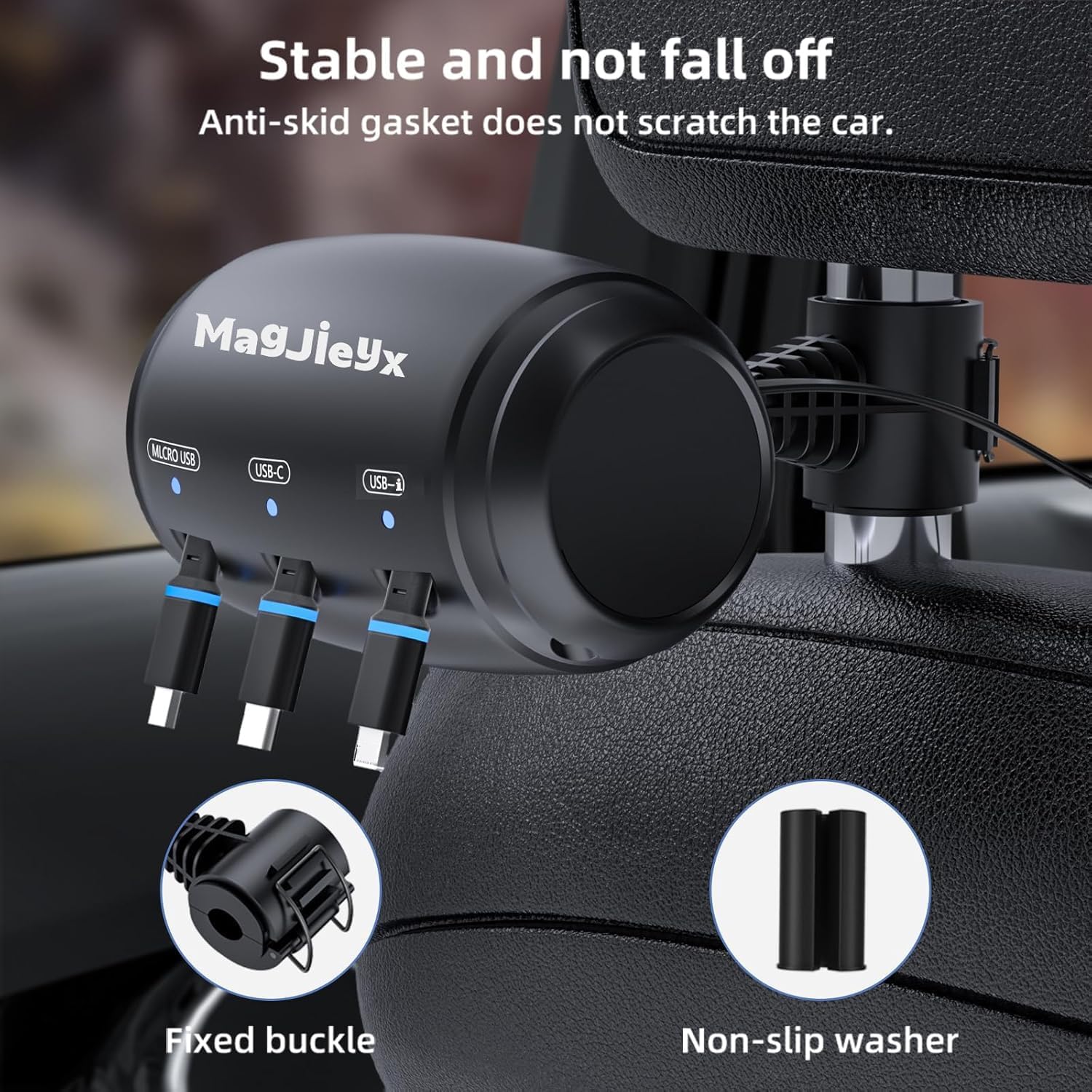 Multi Retractable Car Charging Station Box, 3 in 1 Headrest Fast Power Charging Dock Cord USB Type C Fits iPhone 16/15/14/iPad/Android/Samsung|Uber Lyft Backseat Passengers Share Rid