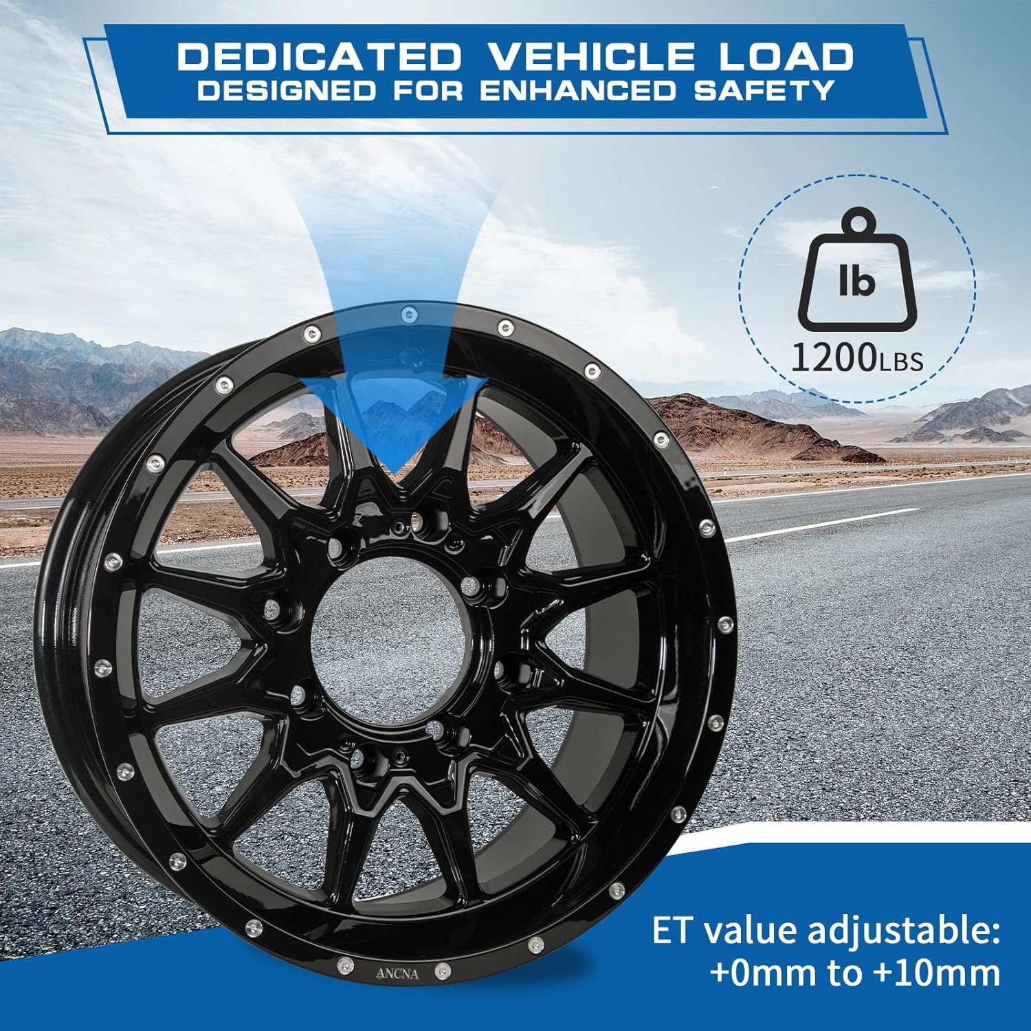 ANCNA 15&#34;x7&#34; Wheel Rim 4x136\/156 Premium Aluminum Alloy Rim with Black Spokes, Center Bore-110.18mm Wheel Load Raiting - 1200 LBS,+10 mm Offset