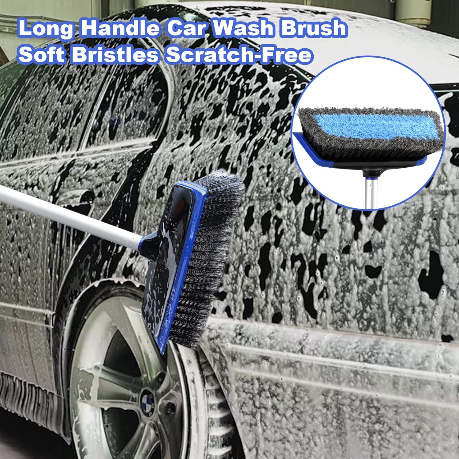 62'' Car Wash Brush with Long Handle, Scratch-Free Car Wash Mop Kit with Wheel Tire Brush, Wash Mitt Towel, Windshield Squeegee, Car Cleaning Brush Kit for Cars RV Truck Boat