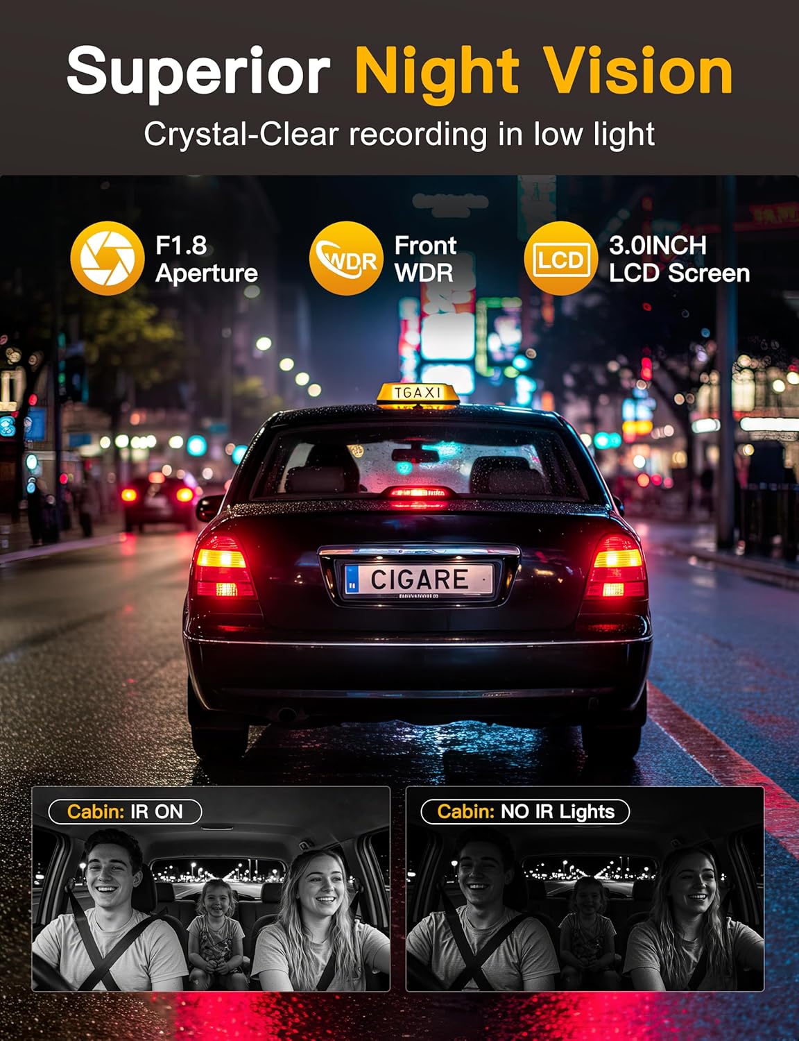 QCONTROL® 4K 5G WiFi 3 Channel Dash Cam Front and Rear Inside, 4K+1080P+1080P Dash Camera for Cars, GPS Dashcam, Car Camera with 3-Inch Screen, IR Night Vision, 24Hr Parking Mode, G-Sensor, 64GB Card