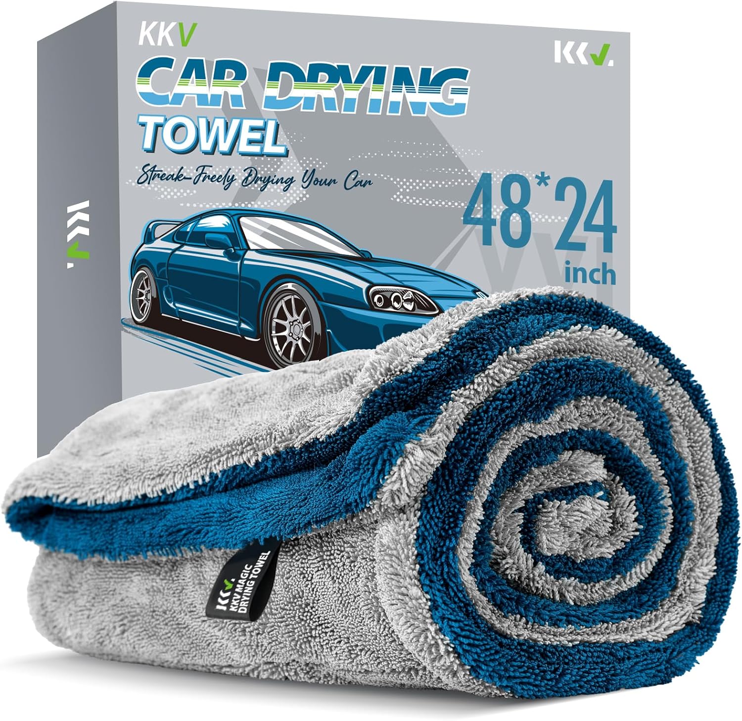 KKV Full-Sized SUV Drying Towel, 48”x24” Dual Sided Microfiber Car Cleaning Towel with Twisting Yarn Technique, 1400GSM Super Absorbent, Scratch-Free, Machine Washable (Darkgray-GreenYellow)