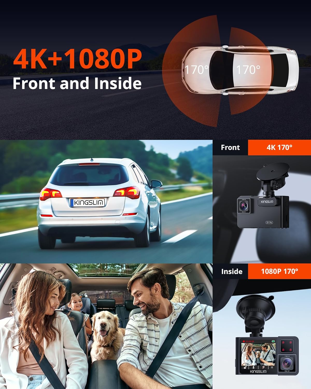 Kingslim D1 pro Dual Dash Cam 4K Record Inside - Front and Inside Dash Camera GPS WiFi for Cars Uber Truck, Dashcam with Infrared Night Vision, G-Sensor, Loop Recording(Upgraded Version)