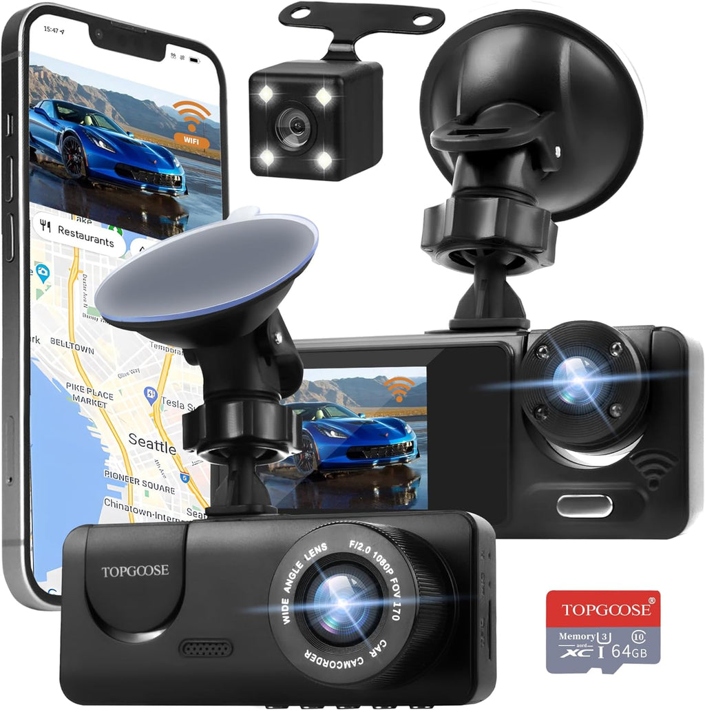 3 Channel Dash Cam WiFi FHD 1080P Car Camera 64GB TF Card,TOPGOOSE Front Dash Camera Front and Rear Inside for Cars,Mini Dashcams with Night Vision,Loop Recording,WDR,G-Sensor,App