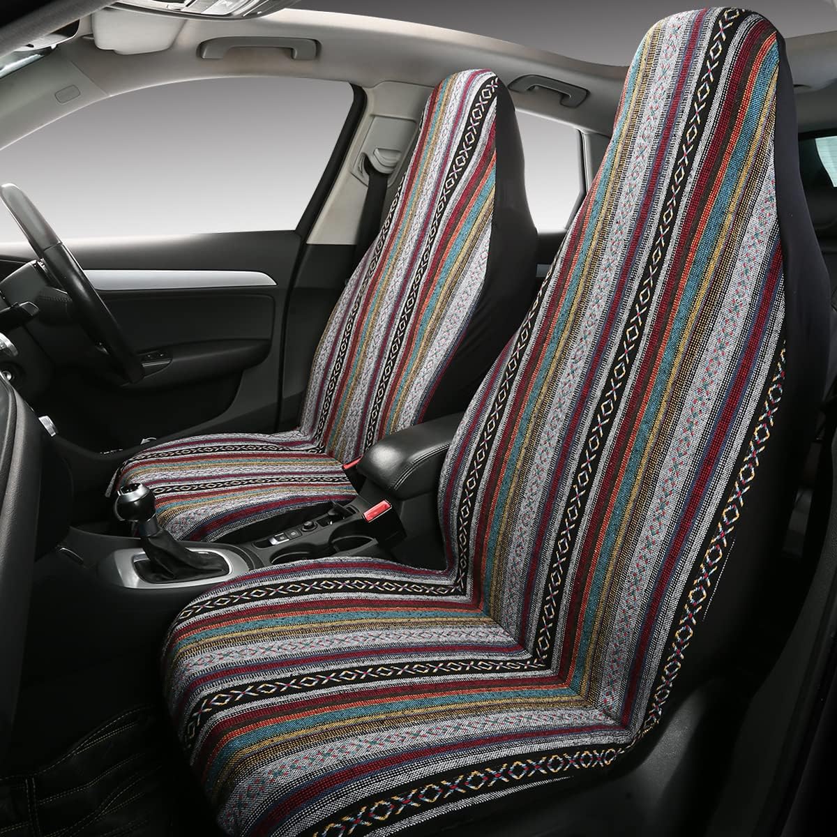 PONYJOYUP Baja Saddle Blanket Car Seat Covers 9PCS Full Set, Breathable and Washable Striped Woven Automotive Vehicle Seat Cover, Universal Seat Cover for Sedan, SUV, Truck, Airbag Compatible