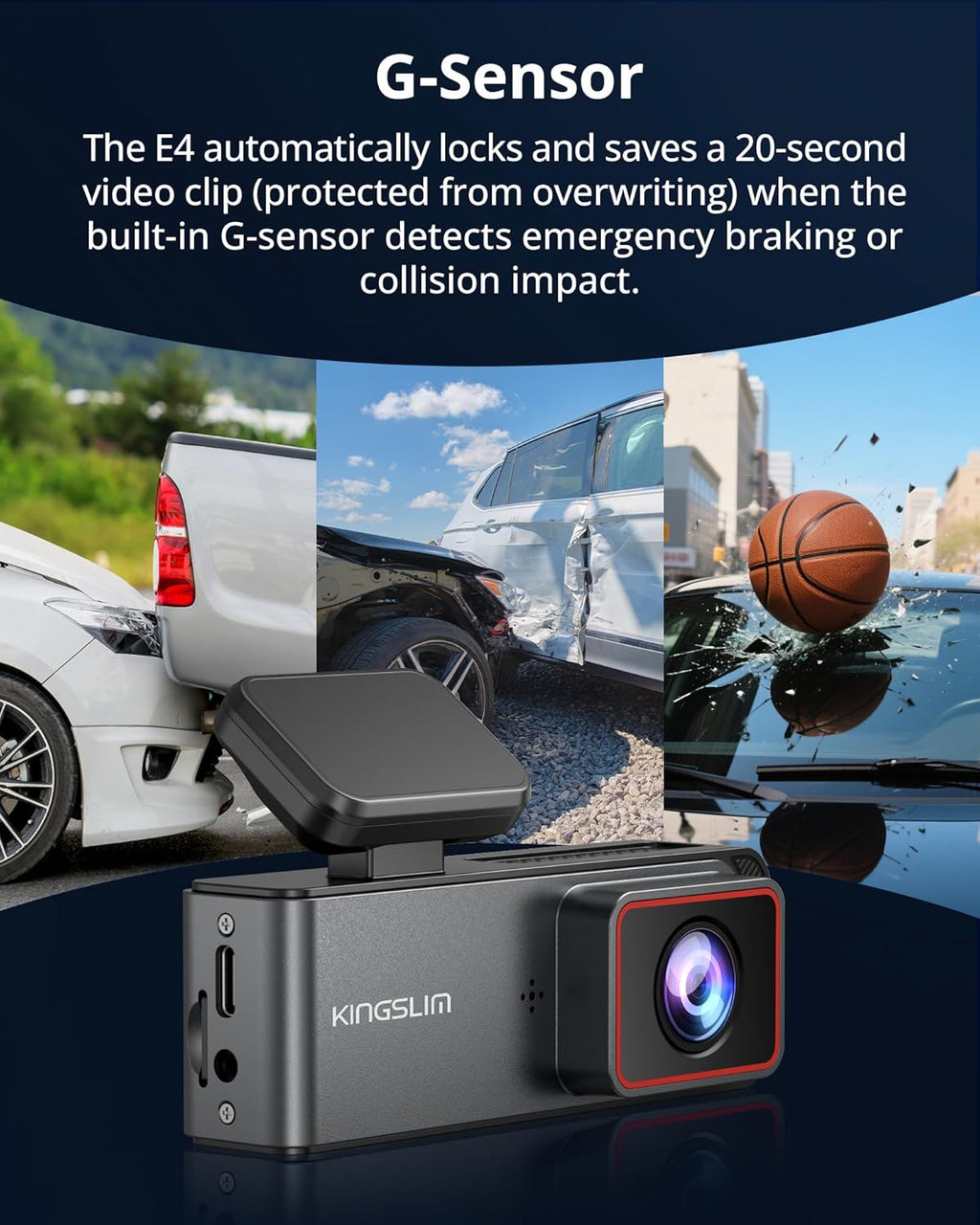 Kingslim 4K Dash Cam Front and Rear, Front 4K Rear 1080P Dual Dash Camera for Cars, Mini Dashcam with 64GB Card, APP Control, Night Vision, G-Sensor, Loop Recording, Parking Mode