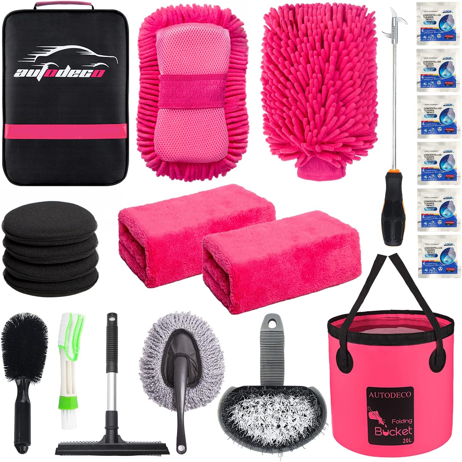 AUTODECO 22Pcs Car Wash Cleaning Tools Kit Car Detailing Set with Blue Canvas Bag Collapsible Bucket Wash Mitt Sponge Towels Tire Brush Window Scraper Duster Complete Interior Car Care Kit