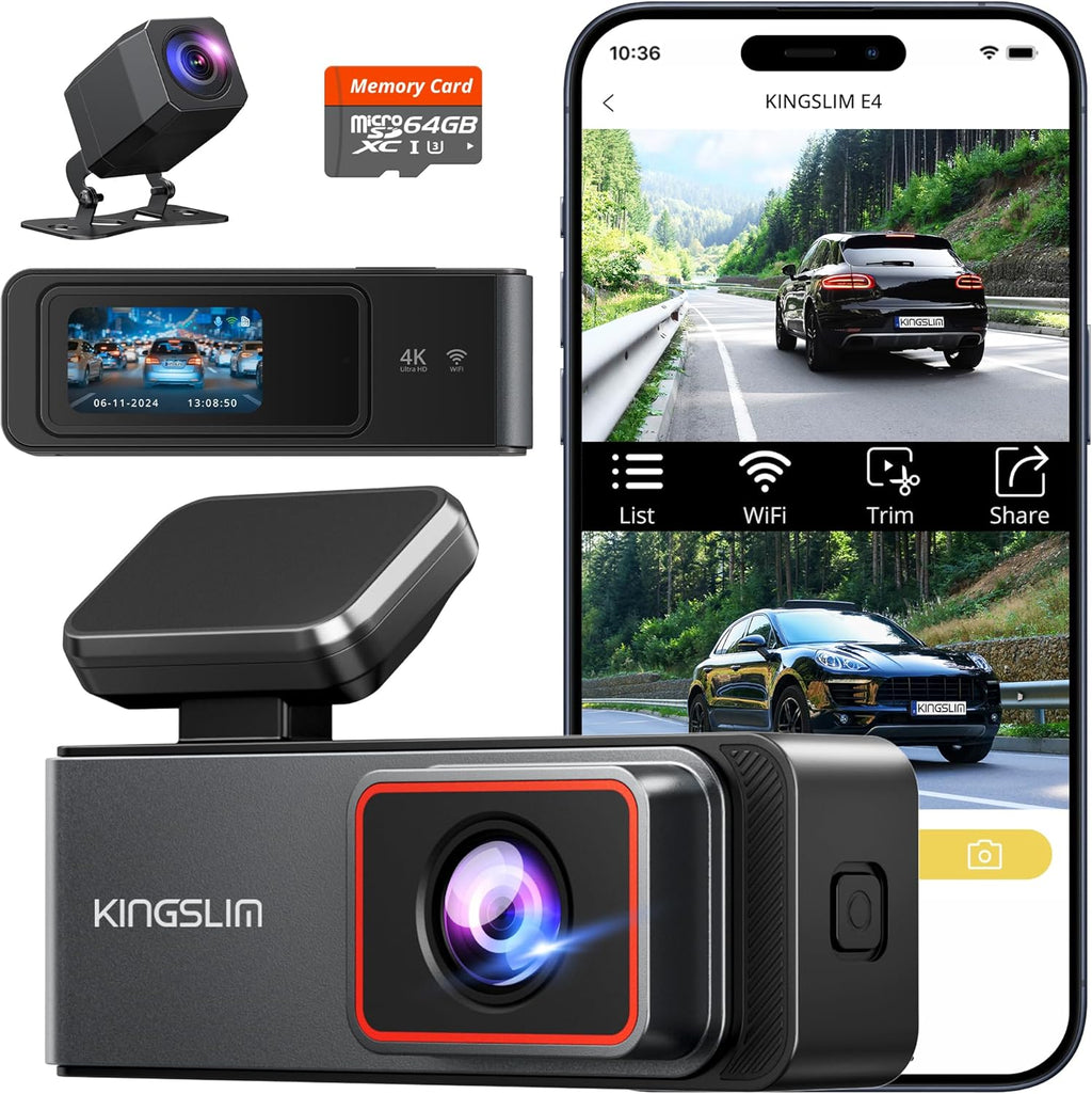 Kingslim 4K Dash Cam Front and Rear, Front 4K Rear 1080P Dual Dash Camera for Cars, Mini Dashcam with 64GB Card, APP Control, Night Vision, G-Sensor, Loop Recording, Parking Mode