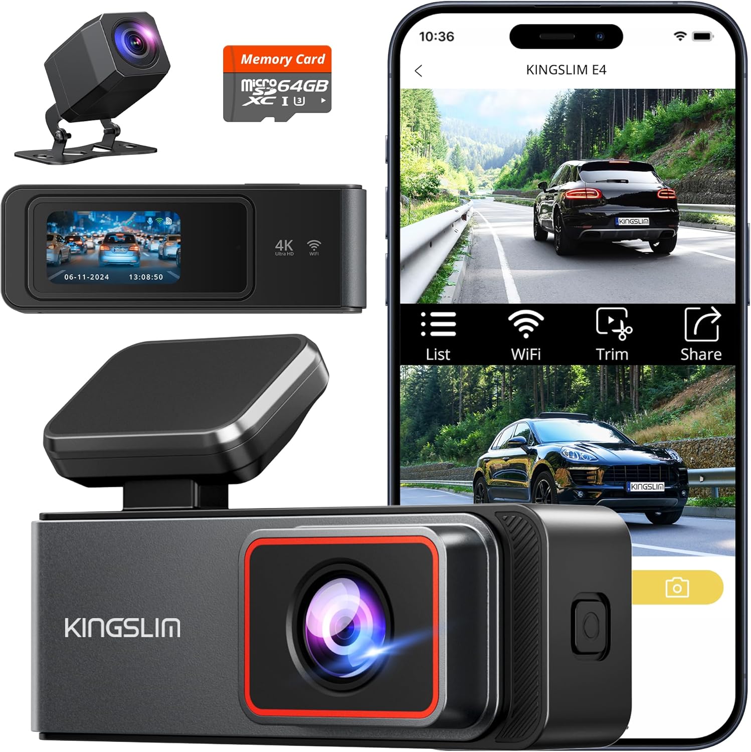 Kingslim 4K Dash Cam Front and Rear, Front 4K Rear 1080P Dual Dash Camera for Cars, Mini Dashcam with 64GB Card, APP Control, Night Vision, G-Sensor, Loop Recording, Parking Mode
